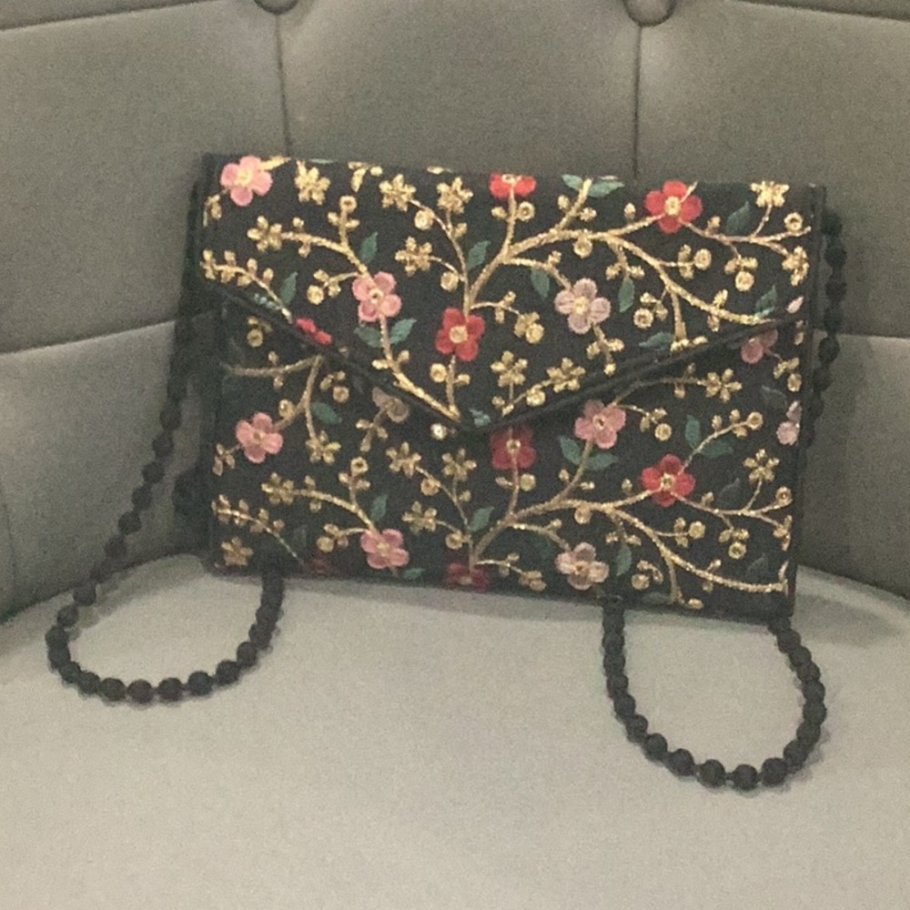 Floral Embroidered Black Clutch